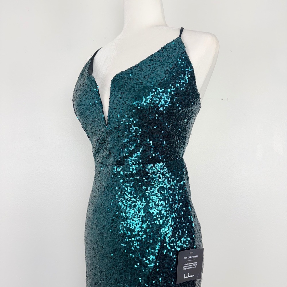 NWT Lulus Sequin Midi Dress‎ XL Teal Lace Up Back Sparkling Party Prom Stretch - Picture 7 of 14